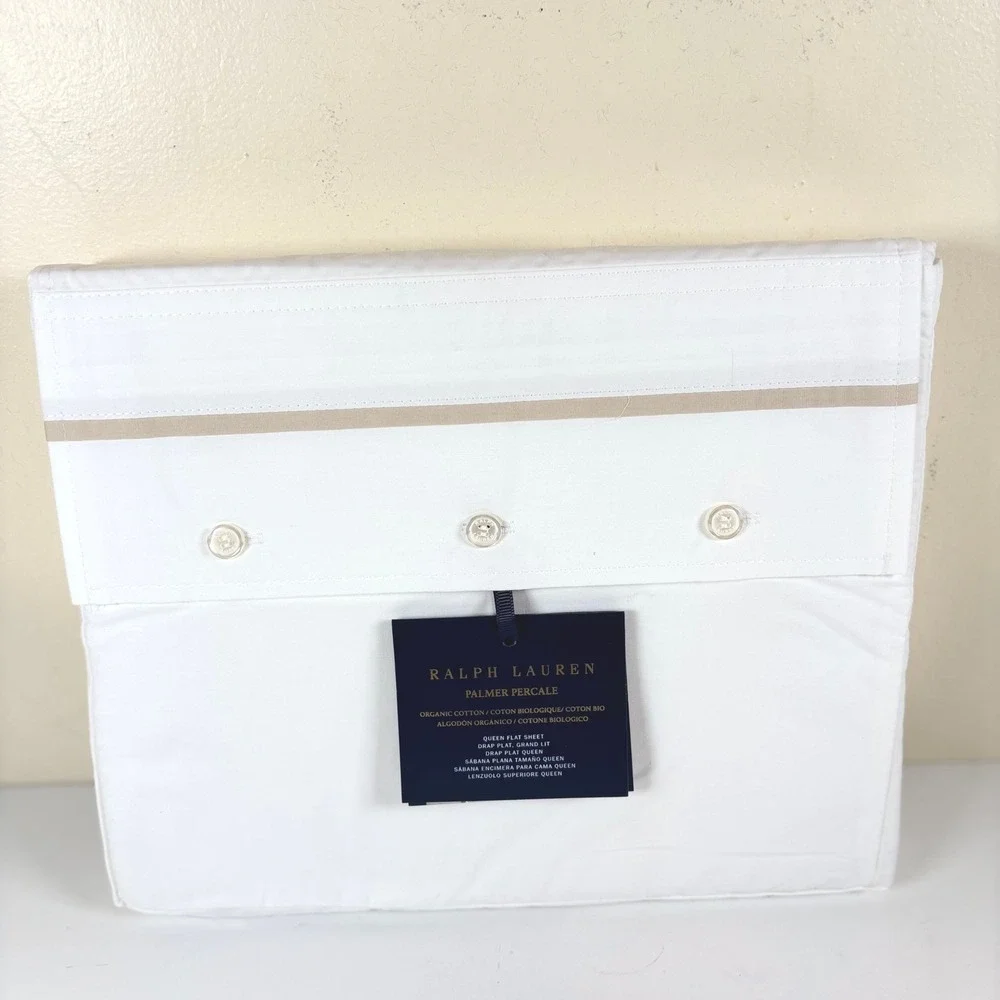 Ralph Lauren Palmer Percale Queen‎ Flat Sheet Sand Dune Trim Organic Cotton NEW